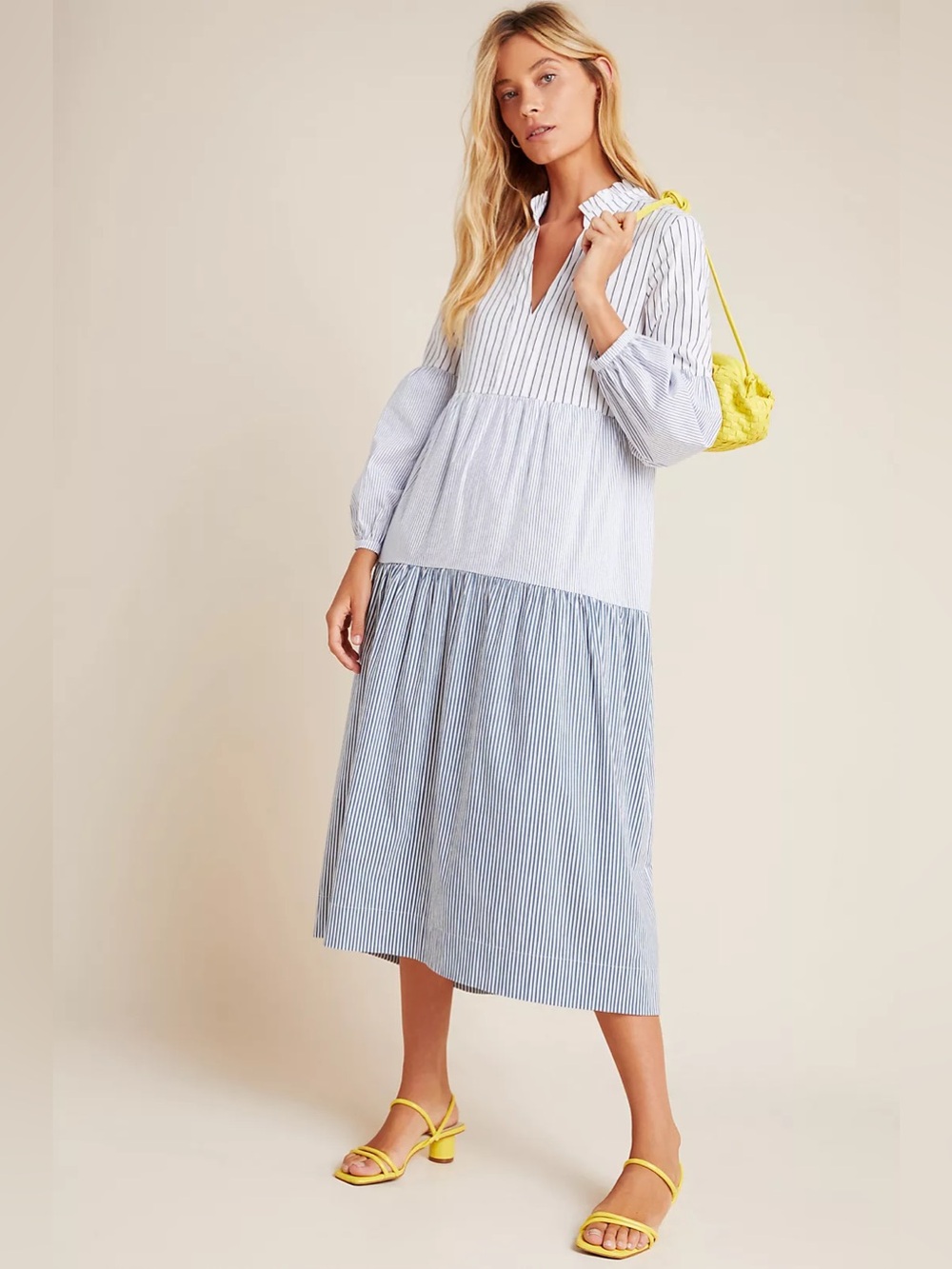 Anthropologie Maeve Bonnie Tiered Blue White Striped Tiered Midi Dress Medium